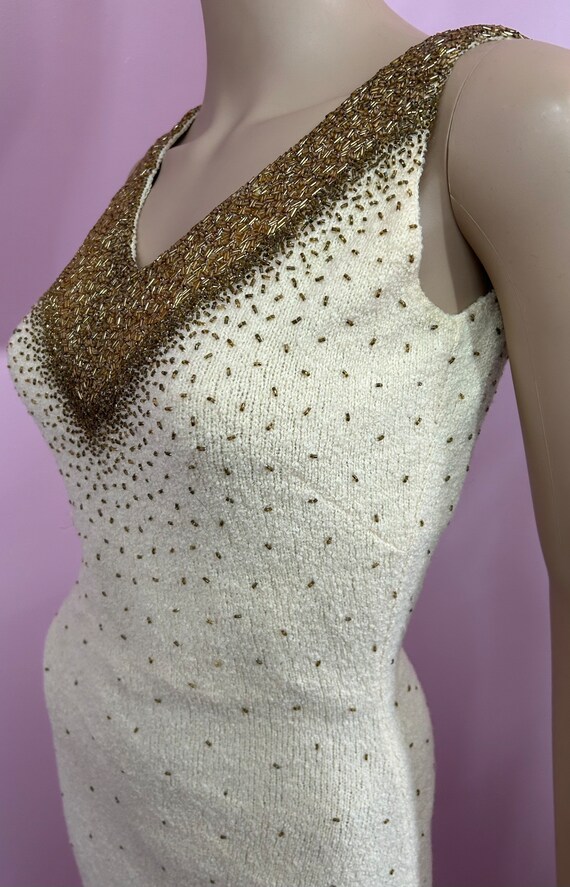 Vintage 50s/60s Ivory & Gold Beaded Sweater Dress… - image 5