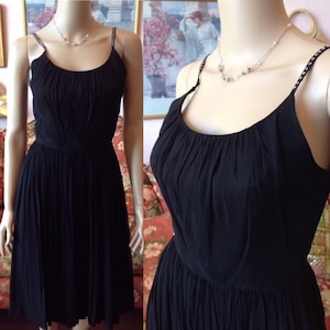 Vintage 1950s Dress.Vintage 50s Dress.50s Black Chiffon Dress.Full Skirted Pinup Dress.Rhinestone Straps Dress.Pinup Dress XS/S