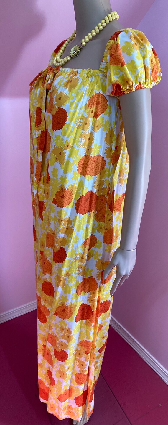 Vintage 50s Yellow & Orange Floral Dress. Long Co… - image 7