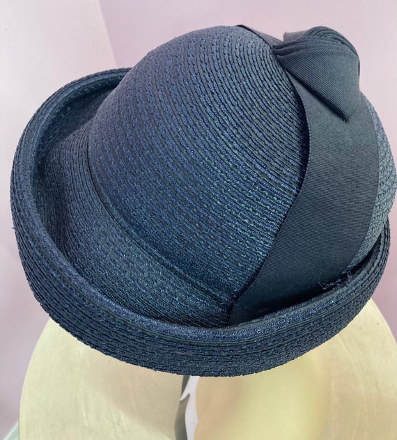 Vintage 60s Navy Blue Straw Bucket Hat with Ribbo… - image 9