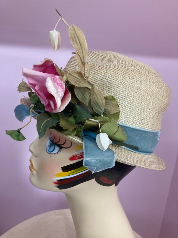 Vintage 1940s Dachettes Straw Hat with Pink Roses… - image 3