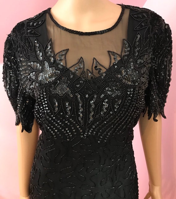 Vintage 80s Silk Beaded Dress.80s Black Beaded Se… - image 3