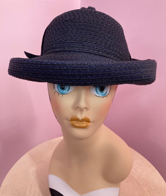 Vintage 60s Navy Blue Straw Bucket Hat with Ribbo… - image 2