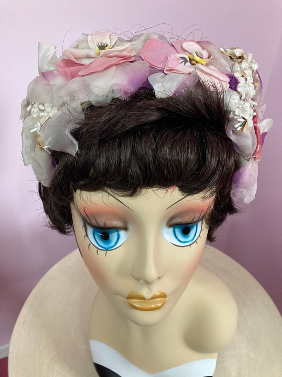 Vintage 50s Pink Pansy Whimsy Headband Hat. Fancy… - image 3