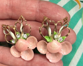 Vintage 50s Pink Shell Flower Clip On Earrings with Rhinestones
