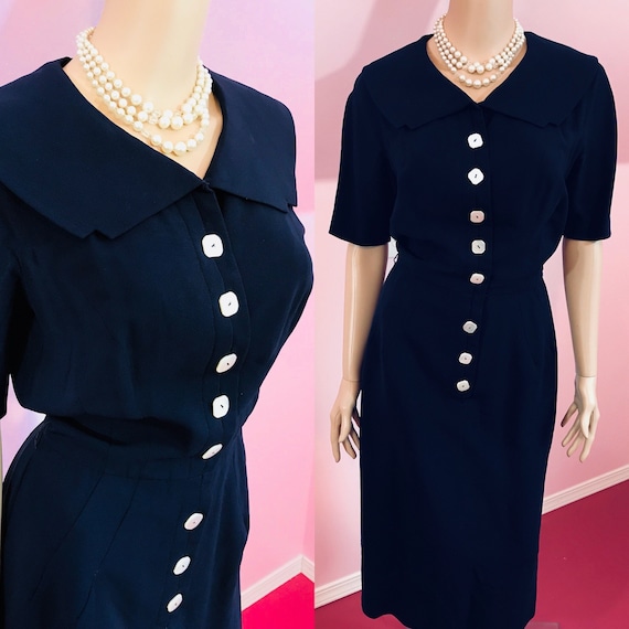 Vintage 1950s Navy Blue Rayon Dress by John Doyle Bishop & Anna Miller. Small to Medium