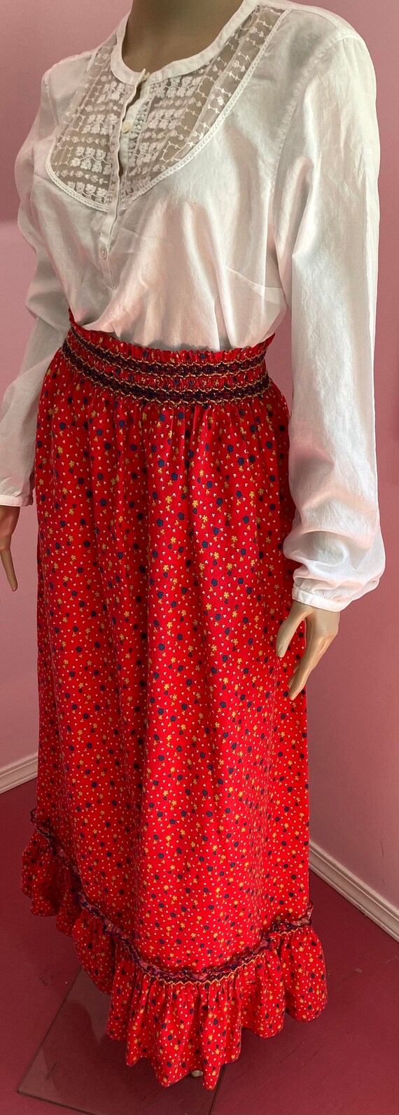 Vintage 70s Red Calico Print Long Skirt. Cottagec… - image 5