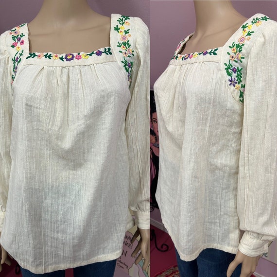 Vintage 70s Ivory Cotton Gauze Embroidered Long Sleeve Smock Top. Small -  Etsy UK