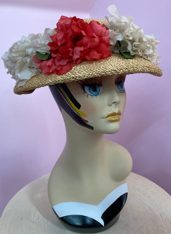 Vintage 1940s Straw Boater Hat with Red & White Fl