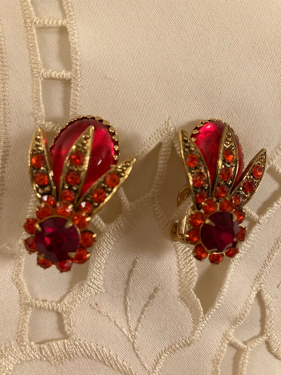 Red & Orange Rhinestone Earrings. Orange Clip on E