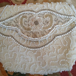 Vintage 30s Hand Beaded Evening Bag Purse. Ivory & White. Wedding Purse