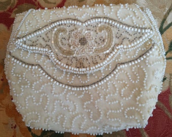 Vintage 30s Hand Beaded Evening Bag Purse. Ivory & White. Wedding Purse