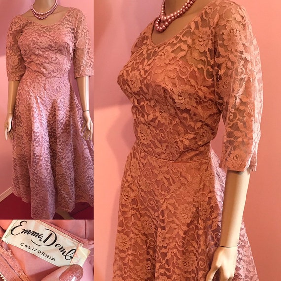 Vintage 1950s Emma Domb Strapless Bronze Lace Cocktail Dress