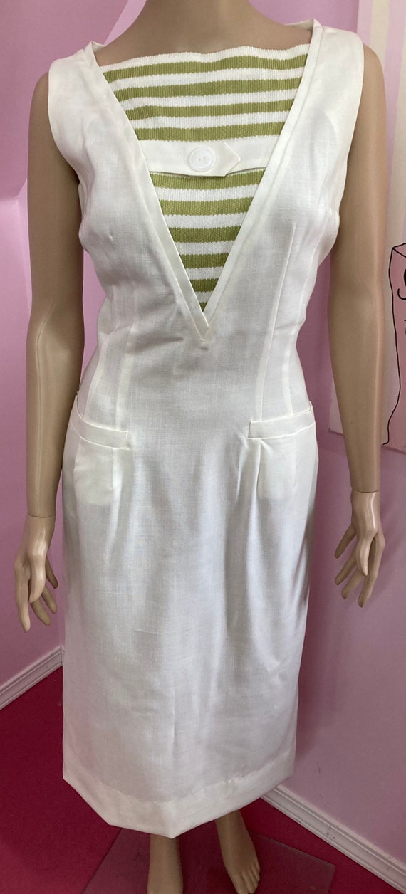 Vintage 60s Ivory Linen Sleeveless Sheath Dress w… - image 4