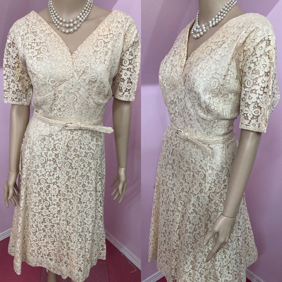 Vintage 50s Beige Lace Dress. VOLUP 50s Lace Dres… - image 1