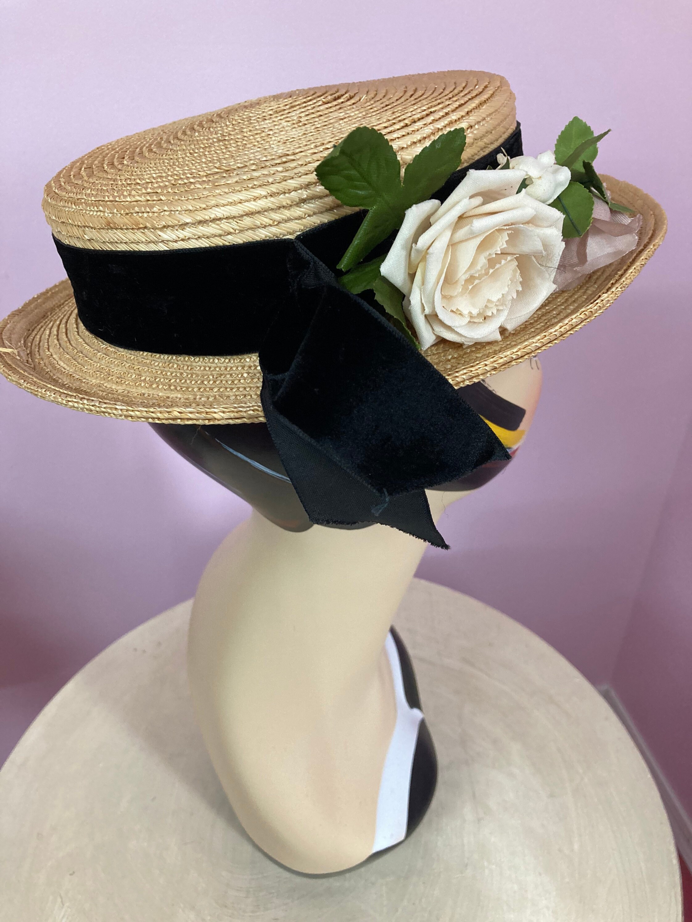 Vintage 40s Straw Boater Hat. Black Velvet Ribbon With off  display picture 3