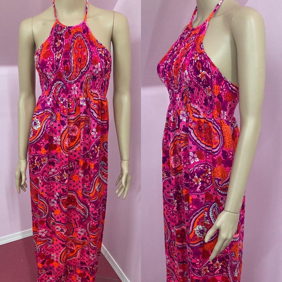 Vintage 70s Pink Paisley Halter Dress. Psychedelic Halterdress