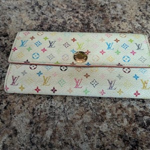 Authentisch!  Louis Vuitton Weiß Multicolor Takashi Murakami Blau Sarah Lange Brieftasche Reißverschluss LV