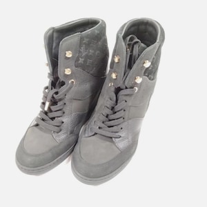 Auth Louis Vuitton Millenium Wedge Sneakers Leather Suede Black Size EU 34 US 4