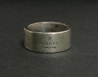 GUCCI Textured Wide Logo Band Ring Trademark Plate Silver 925 Size 49 US 5