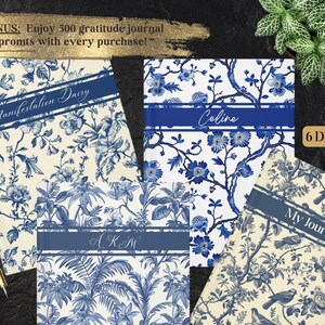 Cuaderno de tapa dura con estampado chinoiserie en tonos azules personalizado, diario estético con temática floral, diario personalizado, regalo de papelería personalizado genial