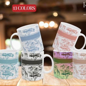 Taza de cerámica impresa Toile de Jouy personalizada, taza estética temática Safari, taza de lujo personalizada, estación de café esencial, artículo de cuidado personal