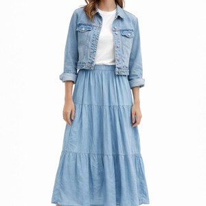 Tiered Denim Maxi Skirt: Boho A-Line Long Jean Skirt (UK 10-18)