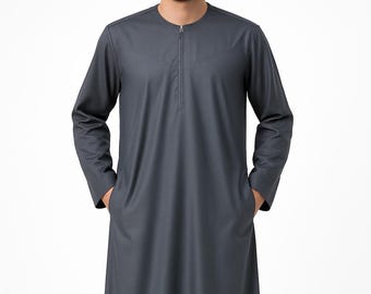 Blue Emirati Thobe for Men: Islamic Jubba with Zipper