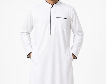 Emirati Thobe for Men: White & Navy Jubba with Black Piping