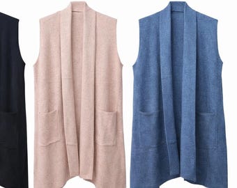 Knit Sleeveless Cardigan | Oversized Two Pocket Vest, Fits UK 10-20
