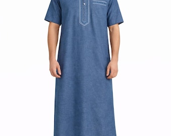 Men's Embroidered Moroccan Thobe | Short Sleeve Islamic Robe with Pockets