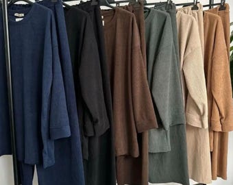 Womens Corduroy Loungewear Set: Ribbed Knit Jumper, Wide Leg Trousers