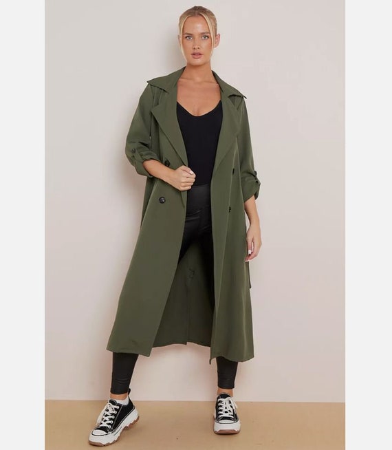 Water Resistant Maxi Trench Coat: Rolled Sleeve Longline Mac