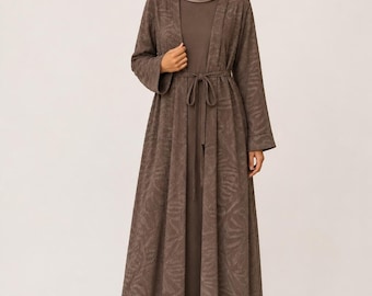 Premium Two Piece Abaya Set | Textured Open Abaya with Matching Inner Dress
