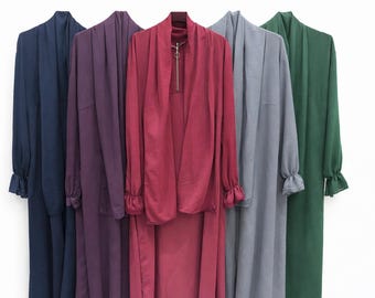 Zip Front Abaya with Attached Scarf | Crochet Sleeve Detail
