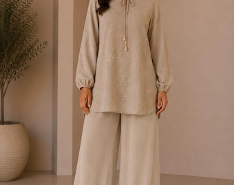 Women’s Embroidered 2 Piece Lounge Set | Summer Co-Ord Outfit | Wide Leg Trouser Set | UK 8-16