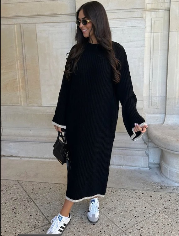 Acrylic Knit Maxi Jumper Dress: Contrast Trim, UK Size 8-14 UK
