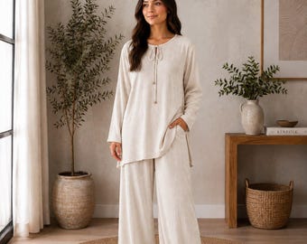 Women’s Two Piece Co Ord Set, Long Tunic and Wide Leg Trousers, Modest Lounge Outfit UK Size 8–16