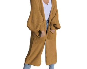 Oversized Chunky Knit Maxi Cardigan: Balloon Sleeve Acrylic Coatigan