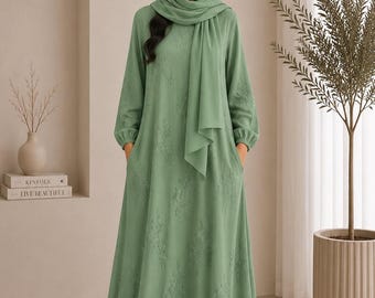 Elegante gestickte Abaya mit Schal-Option | Bescheidenes Maxi Kleid | Dual Pocket Muslim Abaya | Einheitsgröße 10-18