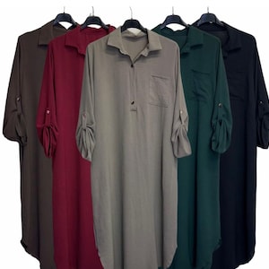 Ladies Long Sleeve Shirt Dress | Button Front Casual Loose Fit Tunic Dress | Everyday Modest Style | One Size Relaxed Fit Dress, Fits 8-18