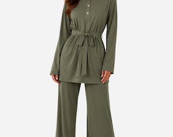 woman's Two-Piece Co-Ord Set | Belted Tunic Top, Wide Leg Trousers, Size 8-16