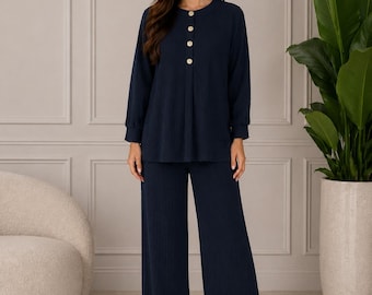 Women’s 2 Piece Co-Ord Set | Long Sleeve Tunic Top with Elasticated Cuffs | Wide Leg Trousers | Modest Lounge Set | Casual Matching Outfit