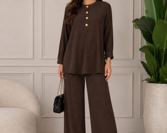 Modest Two Piece Co Ord Set, Long Tunic & Wide Leg Trousers, Button Front Muslim Outfit, Loose Fit Islamic Clothing, Sizes 8-16