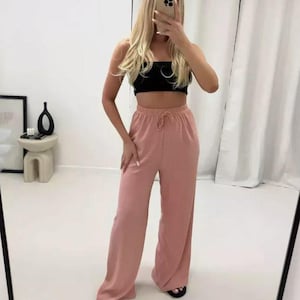Ladies Wide Leg Palazzo Trousers Drawstring Pant Elasticated Bottom Pants Women&#39;s wide leg palazzo pants, high waist,  one size UK8-18