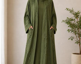 Embroidered Abaya Set | Lightweight Two-Piece Modest Summer Wear | Two Side Pockets (UK 8–16)