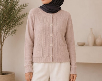 Women’s Cable Knit Cardigan with Pockets, Button Up Modest Sweater, Soft Casual Knitwear