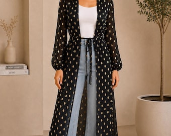 Women’s Black Gold Print Longline Cardigan, Open Front Summer Cover Up, Belted Sheer Kimono Jacket, Elasticated Sleeves, UK 8-16