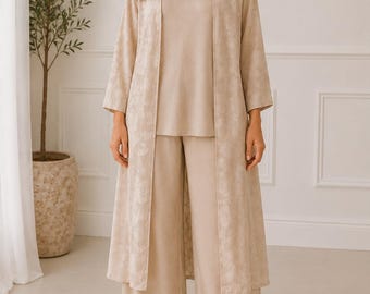 Luxury 3 Piece Co-Ord Set | Wide Leg Trousers, Sleeveless Top & Long Jacquard Cardigan | One Size UK 8-16