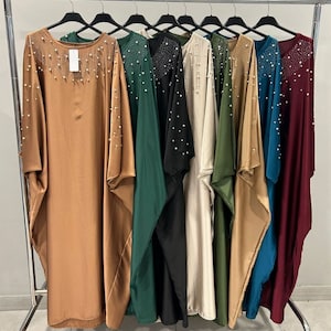 Pearl Embellished Abaya Dress: Satin-Look Batwing Sleeve Maxi